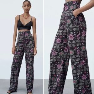 NWT Zara Floral High Rise Full Length Pant 100% Cotton Purple Pink Black Medium